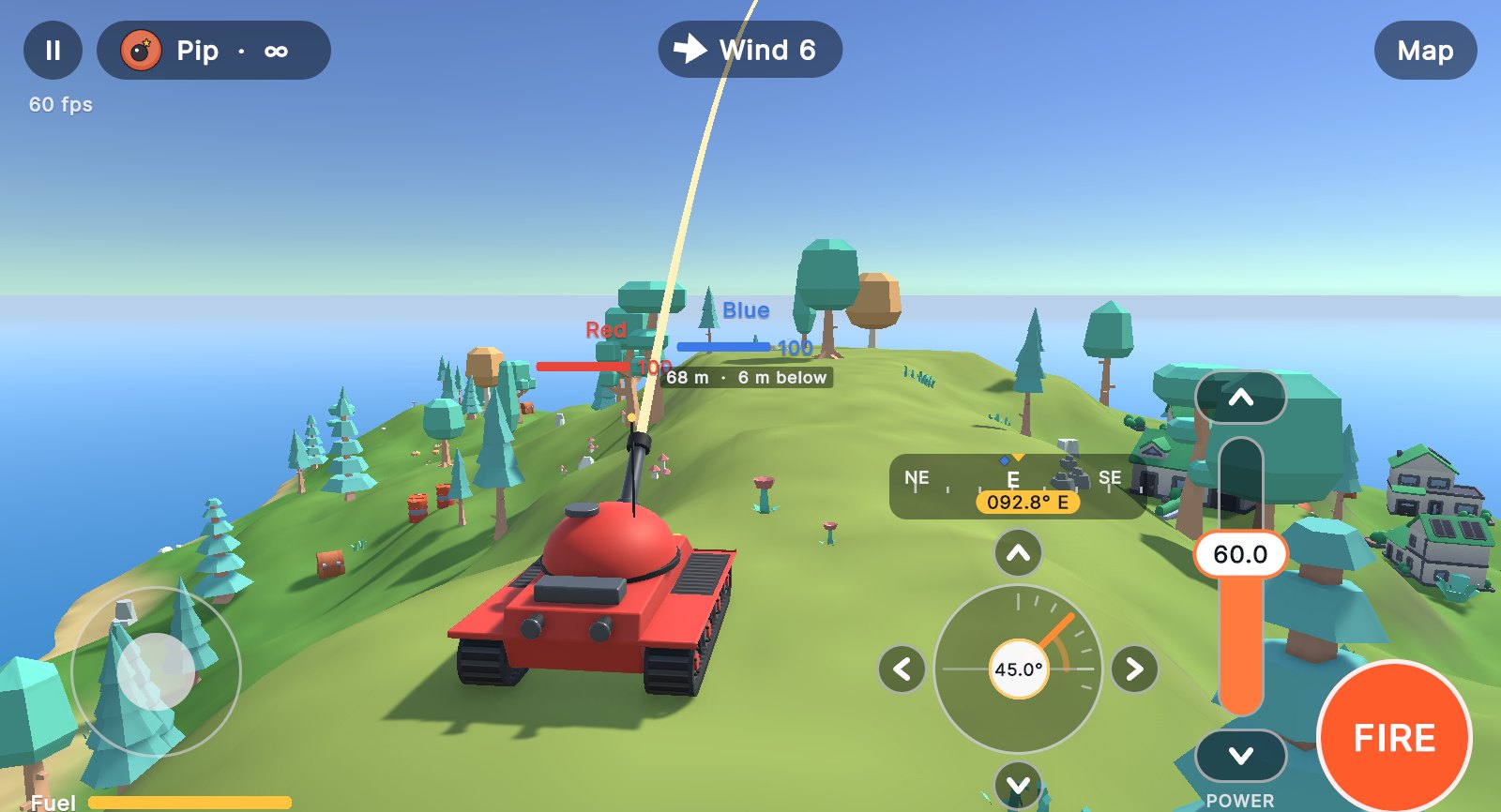 A tank aims across a meadow island at its rival, with the aim guide arcing over the hills